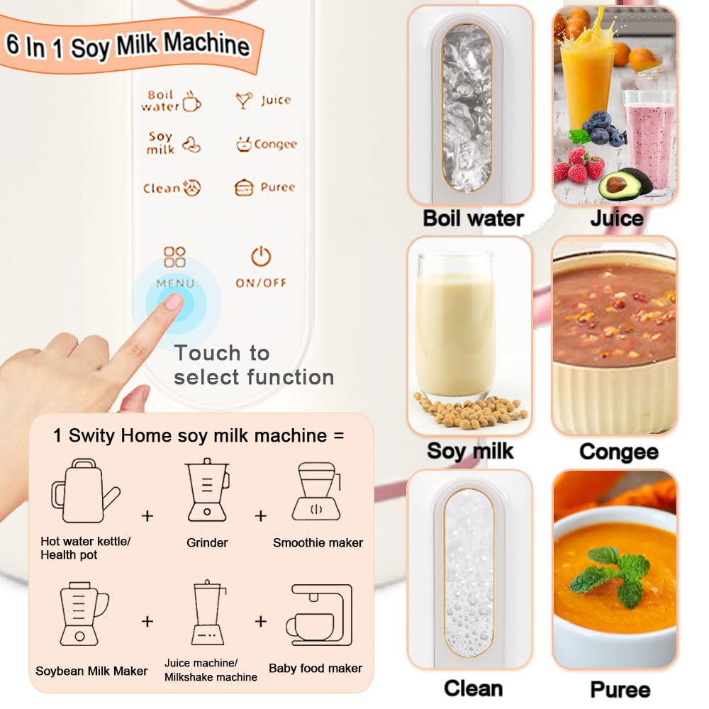 Swity Home Soy Milk Maker 23oz/30oz, Glass Interior Non-Stick Bottom, 6-In-1 Soymilk Maker Machine for Smooth Nut Almond Oat Coconut Plant-based Milk Congee Juice Boil Water, Free Filtering/Auto Clean