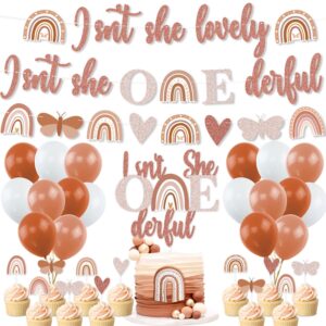 boho rainbow 1st birthday decorations,boho first party decorations isn't she lovely and isn't she onederful banner cake toppers and balloons for boho theme party first birthday girls