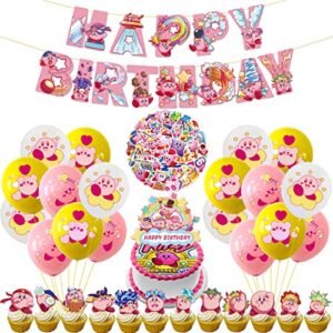 kirby birthday party decorations supplies, 82 pcs cute party favors including happy birthday banners, balloons, cake toppers, stickers, party favors for girls' birthday party, princess party