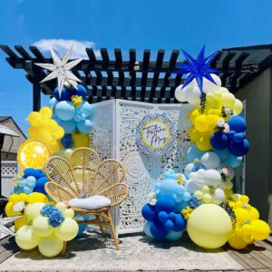 royal blue and yellow balloon garland arch kit 135pcs with light blue pastel yellow white & staaburst lemon foil balloons for lemon main squzee bridal shower lemonade birthday party decorations