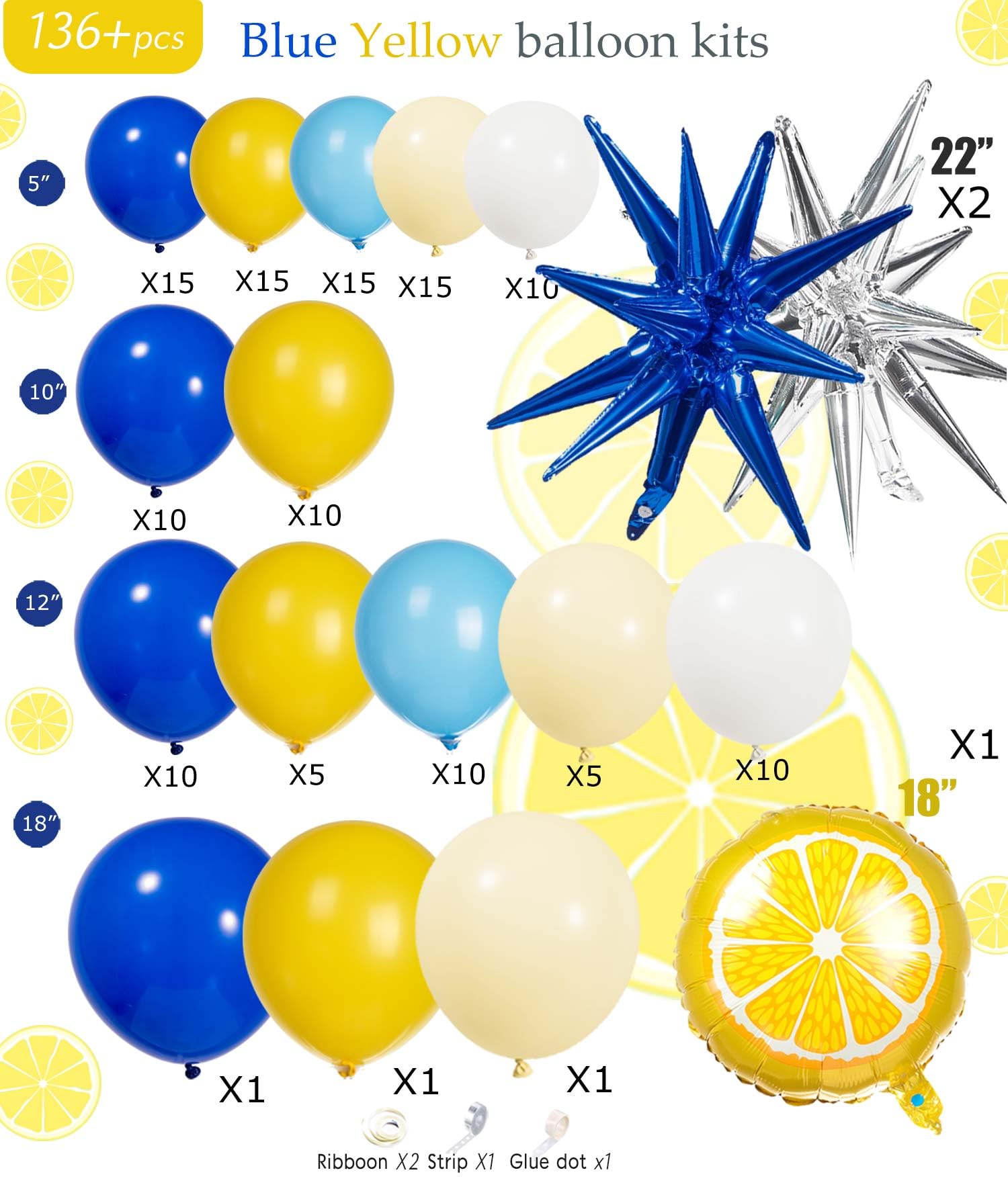 Royal Blue and Yellow balloon garland arch kit 135Pcs with Light blue Pastel Yellow white & Staaburst lemon foil balloons for Lemon main squzee bridal Shower Lemonade Birthday Party Decorations