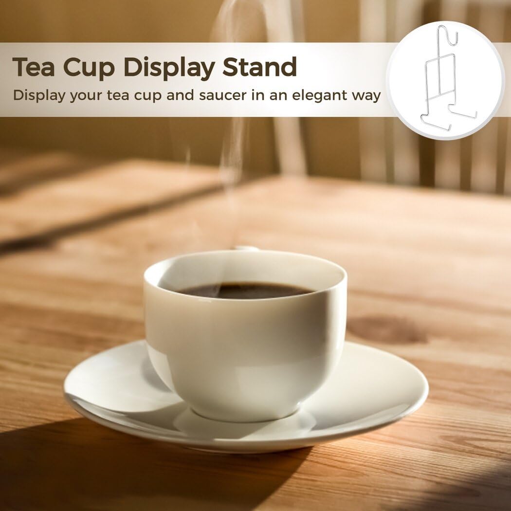 Homaisson Cup and Saucer Display Stand, 8 Pcs Tea Cup and Saucer Holders, Teacup Coffee Mug Organizer Rack, Golden Finish Metal Mug and Saucer Stand for Tea Coffee Cups Plates(Silver)