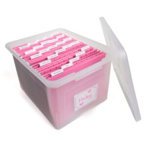 kid's craft memory keepsake organizer box - clear storage latching bin with hanging file folders and custom tab inserts (pink)