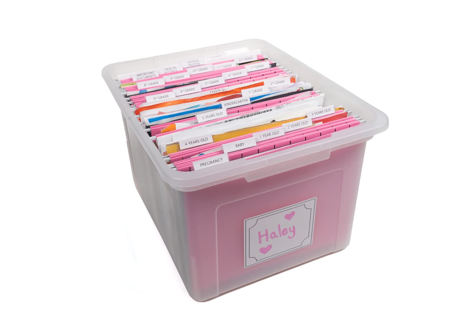 Kid's Craft Memory Keepsake Organizer Box - Clear Storage Latching Bin with Hanging File Folders and Custom Tab Inserts (Pink)