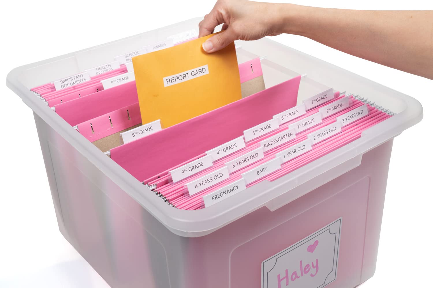 Kid's Craft Memory Keepsake Organizer Box - Clear Storage Latching Bin with Hanging File Folders and Custom Tab Inserts (Pink)