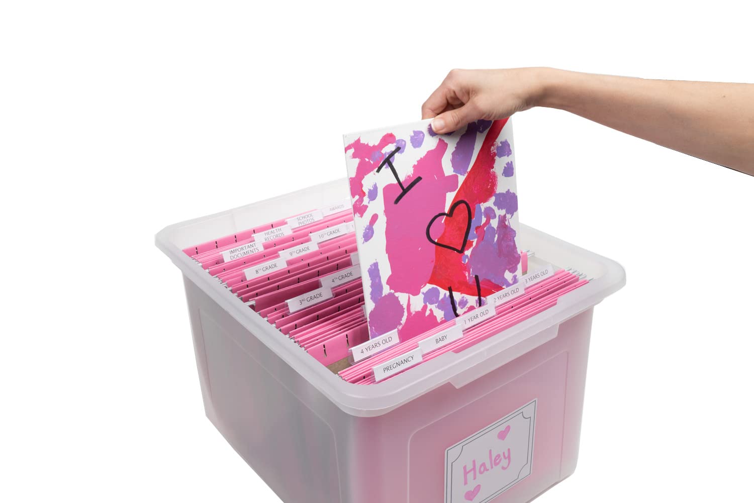 Kid's Craft Memory Keepsake Organizer Box - Clear Storage Latching Bin with Hanging File Folders and Custom Tab Inserts (Pink)