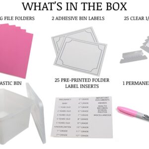 Kid's Craft Memory Keepsake Organizer Box - Clear Storage Latching Bin with Hanging File Folders and Custom Tab Inserts (Pink)