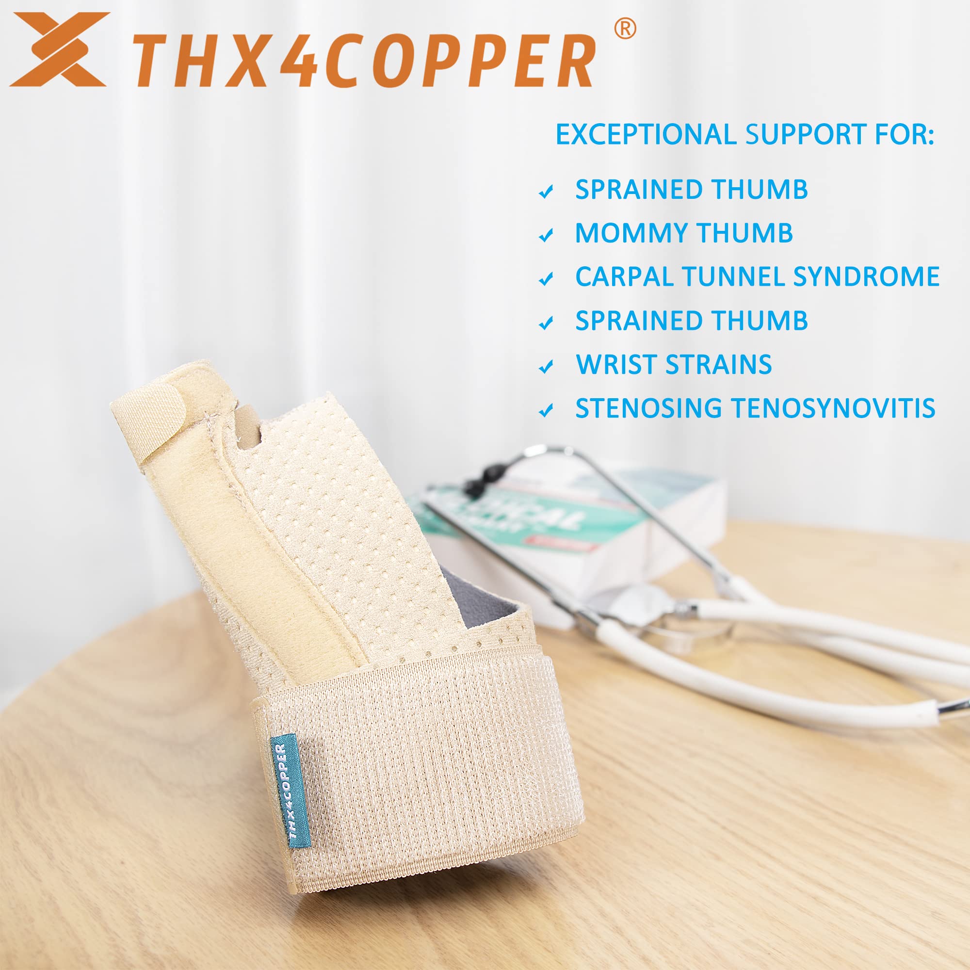 THX4COPPER Thumb & Wrist Stabilizer Splint for Blackberry Thumb,Thumb Pain Relief for Arthritis,Sprained,Tendonitis,Carpal Tunnel,Breathable&Stable,S-M(Beige)