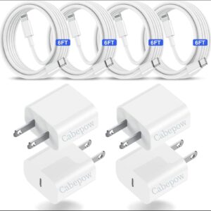 (4pack) cabepow for iphone charger fast charging,20w usb c charger block with 6ft usb c to lightning cable for iphone 14/14 pro max/13/13 pro/12/12 pro/11/11 pro/xs, ipad