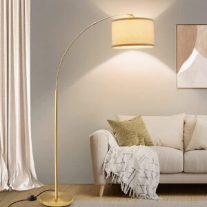 arc floor lamps for living room, gold modern floor lamp, tall pole lamp with foot switch, adjustable hanging drum shade, over couch arched reading light for bedroom, office, led bulb not include
