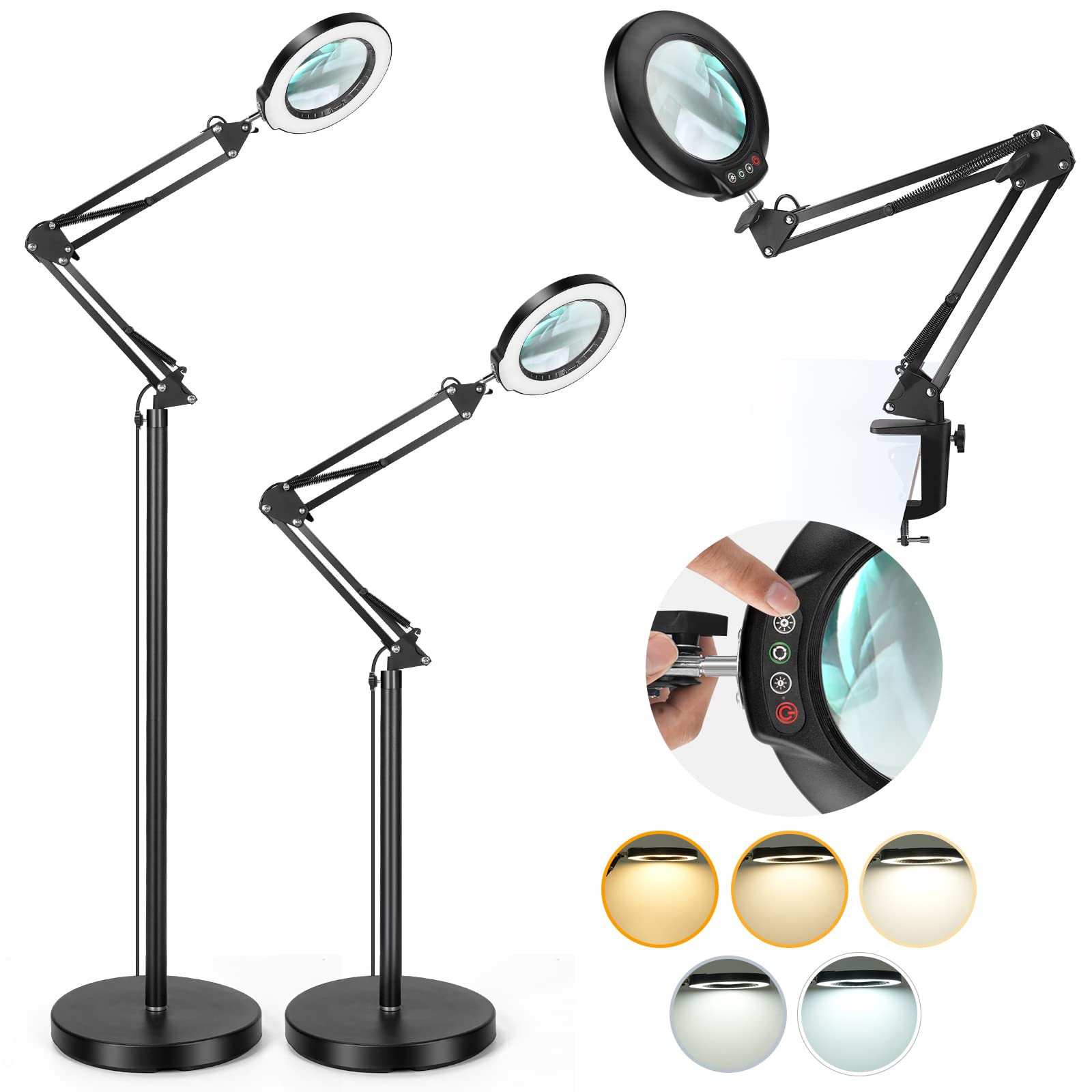 Drdefi 10X Magnifying Glass with Light and Stand, 3-in-1 Adjustable Swing Arm Magnifying Floor Lamp, 5 Color Modes Stepless Dimmable LED Lighted Magnifier Lamp with Clamp for Craft Reading Close Work
