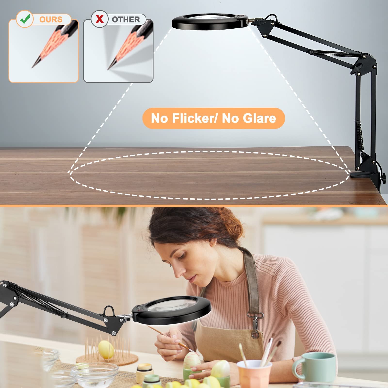 Drdefi 10X Magnifying Glass with Light and Stand, 3-in-1 Adjustable Swing Arm Magnifying Floor Lamp, 5 Color Modes Stepless Dimmable LED Lighted Magnifier Lamp with Clamp for Craft Reading Close Work