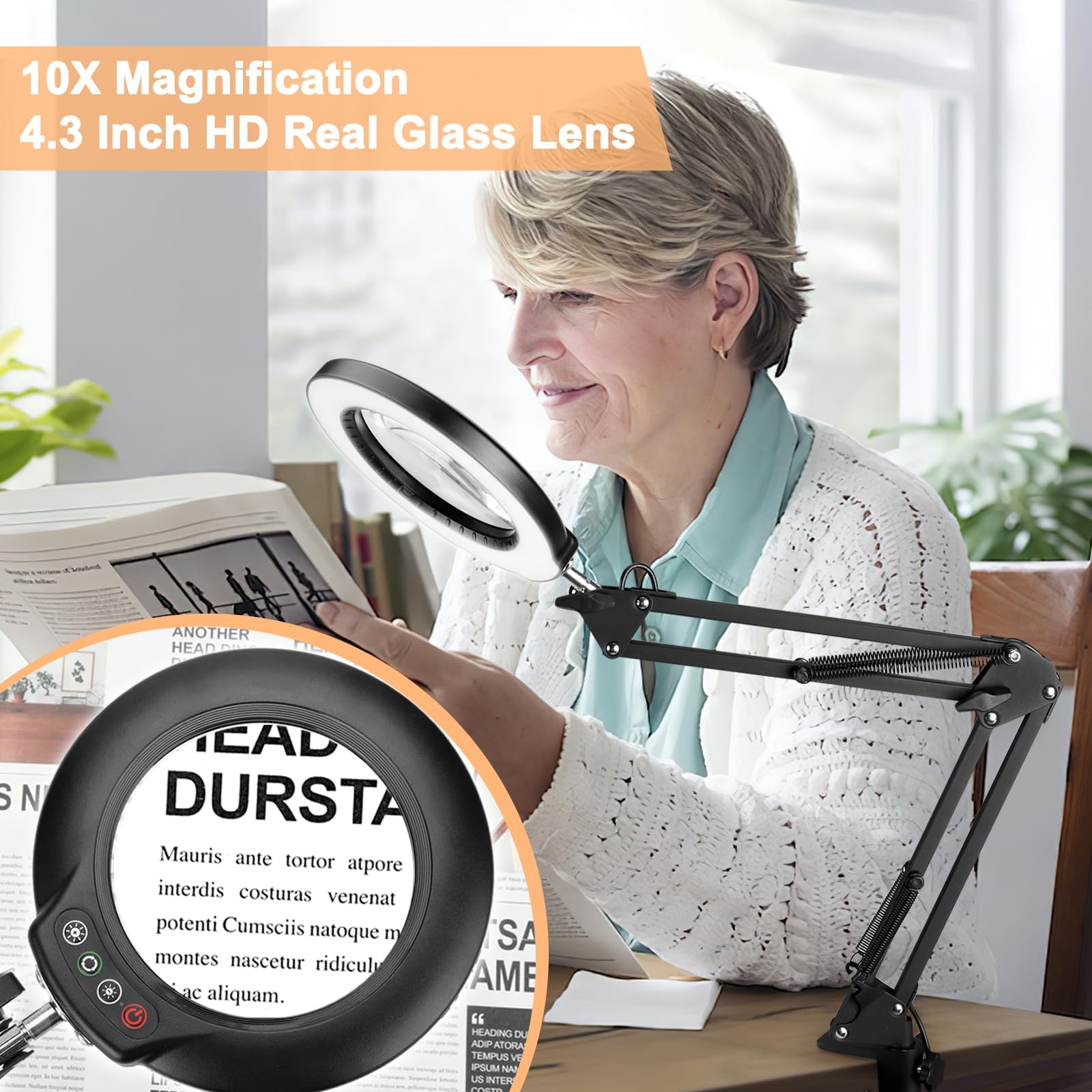 Drdefi 10X Magnifying Glass with Light and Stand, 3-in-1 Adjustable Swing Arm Magnifying Floor Lamp, 5 Color Modes Stepless Dimmable LED Lighted Magnifier Lamp with Clamp for Craft Reading Close Work