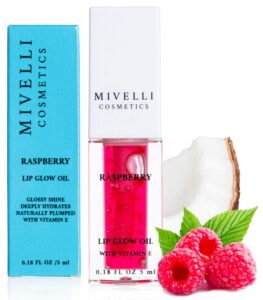 mivelli lip glow oil tinted lip oil moisturizing, hydrating, non-sticky lip stain, gift, plumping lip gloss for dry lips with fruit extract (raspberry tinted with stain)