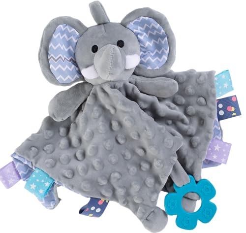 Soothe&Sense Baby Security Blanket with Teether, Rattle, Crinkle Fabrics & Taggies, Soft Sensory Lovey Newborn Essentials Snuggle Stuffed Animal (Grey Elephant)