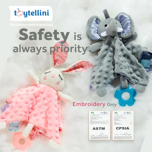 Soothe&Sense Baby Security Blanket with Teether, Rattle, Crinkle Fabrics & Taggies, Soft Sensory Lovey Newborn Essentials Snuggle Stuffed Animal (Grey Elephant)