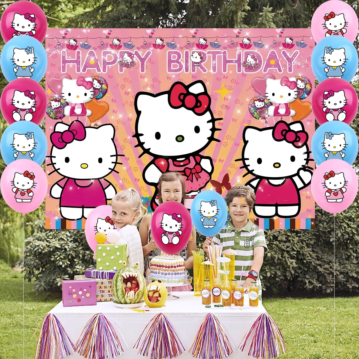 Hello Cute Kitty Birthday Party Banner Decoration, Kawaii Kitty Happy Birthday Party Backdrop 5 x 3Ft Photograpy Background and 24Pcs Kitty Balloons for Kids Girls Boys Birthday Party Supplies