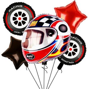 5 pcs helmet tire balloons race car wheels birthday party supplies boys bike bicycle motorcycle truck theme party decorations favors foil mylar black and red