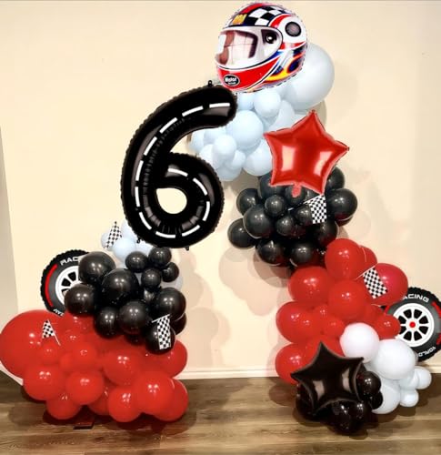 5 Pcs Helmet Tire Balloons Race Car Wheels Birthday Party Supplies Boys Bike Bicycle Motorcycle Truck Theme Party Decorations Favors Foil Mylar Black and Red