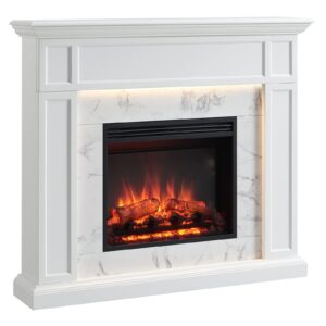 legendflame fireplace suite sheraton, 48 inch mantel surround, cream white with snow white marble finish, with 23 inch electric fireplace insert, 750w/1500w, weekly timer, mood light, remote control