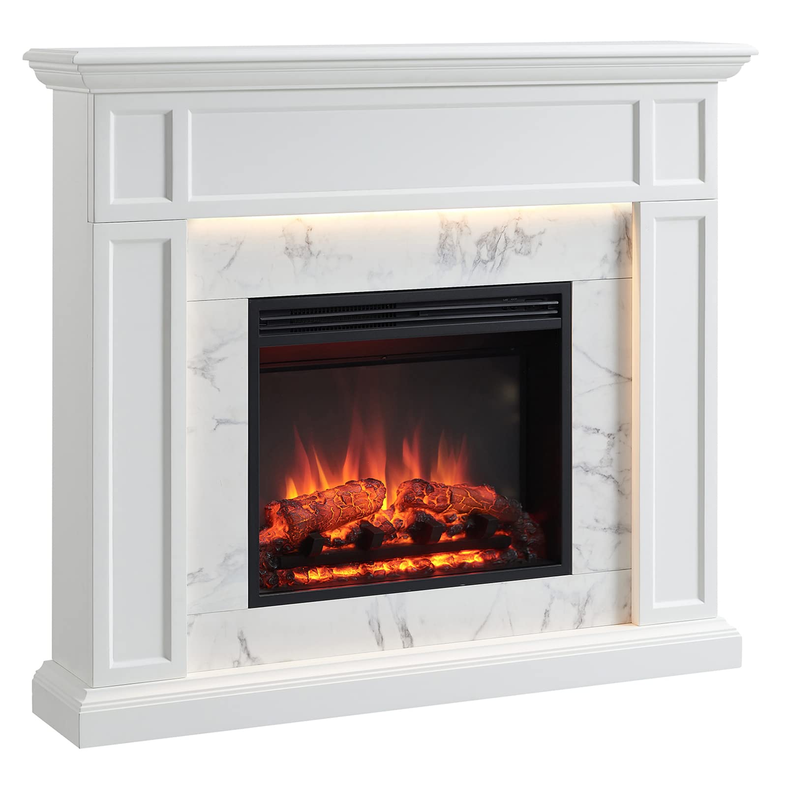 LegendFlame Fireplace Suite Sheraton, 48 Inch Mantel Surround, Cream White with Snow White Marble Finish, with 23 Inch Electric Fireplace Insert, 750W/1500W, Weekly Timer, Mood Light, Remote Control