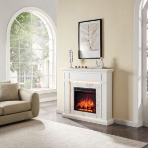 LegendFlame Fireplace Suite Sheraton, 48 Inch Mantel Surround, Cream White with Snow White Marble Finish, with 23 Inch Electric Fireplace Insert, 750W/1500W, Weekly Timer, Mood Light, Remote Control