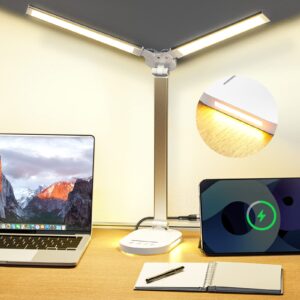 double head desk lamp for home office, eye-care desk light with usb charging port, touch control 5 color temperature & brightness with night light mode, 60min timer desktop table lamp for college dorm
