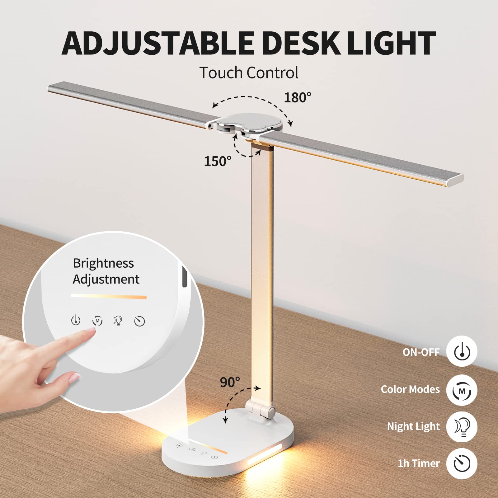 Double Head Desk Lamp for Home Office, Eye-Care Desk Light with USB Charging Port, Touch Control 5 Color Temperature & Brightness with Night Light Mode, 60min Timer Desktop Table Lamp for College Dorm