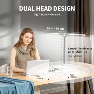 Double Head Desk Lamp for Home Office, Eye-Care Desk Light with USB Charging Port, Touch Control 5 Color Temperature & Brightness with Night Light Mode, 60min Timer Desktop Table Lamp for College Dorm