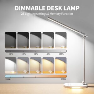 Double Head Desk Lamp for Home Office, Eye-Care Desk Light with USB Charging Port, Touch Control 5 Color Temperature & Brightness with Night Light Mode, 60min Timer Desktop Table Lamp for College Dorm