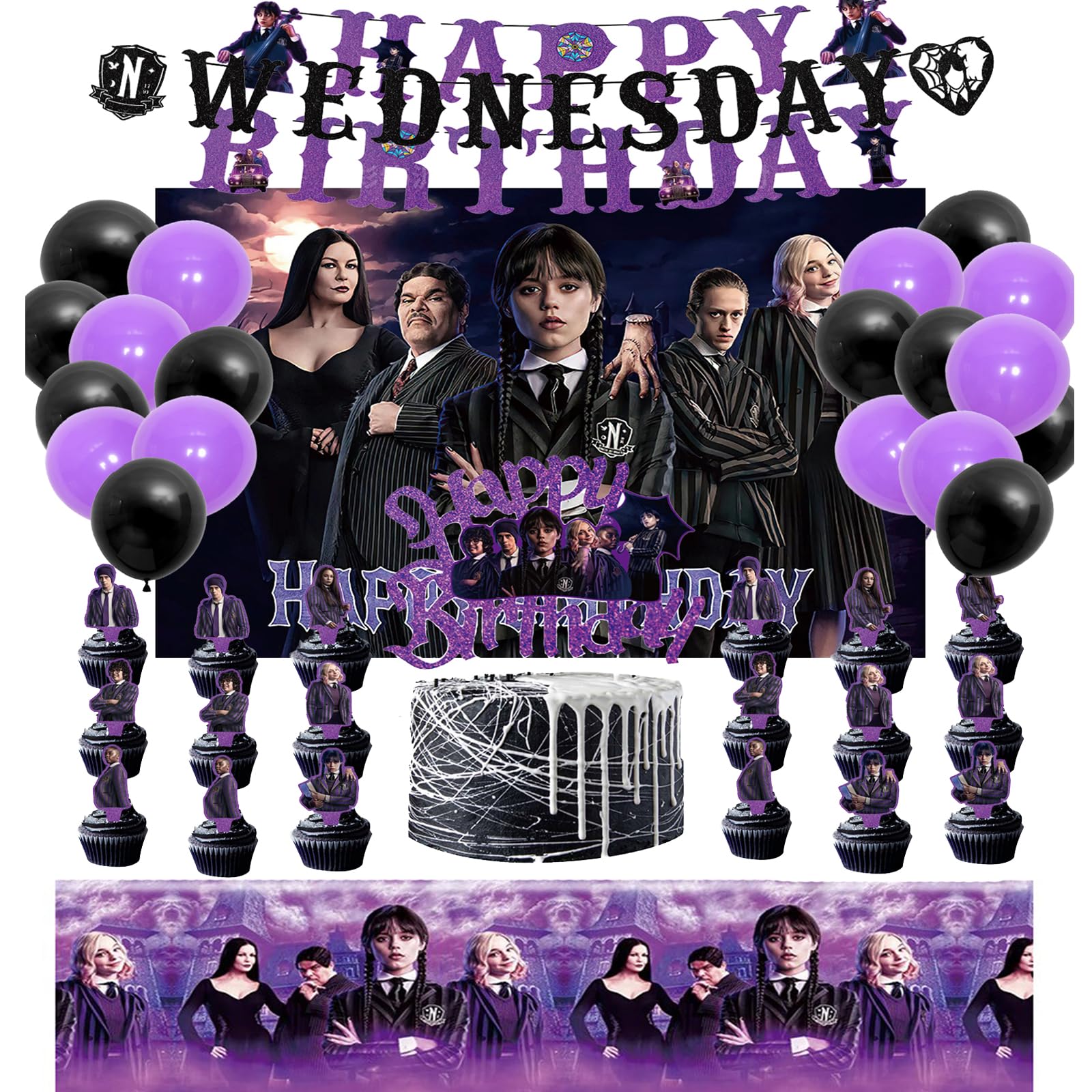 32Pcs Wednesday Party Supplies Addams Sparkling Cake Topper Cupcake Decoration Balloons Banner Backdrop For Birthday