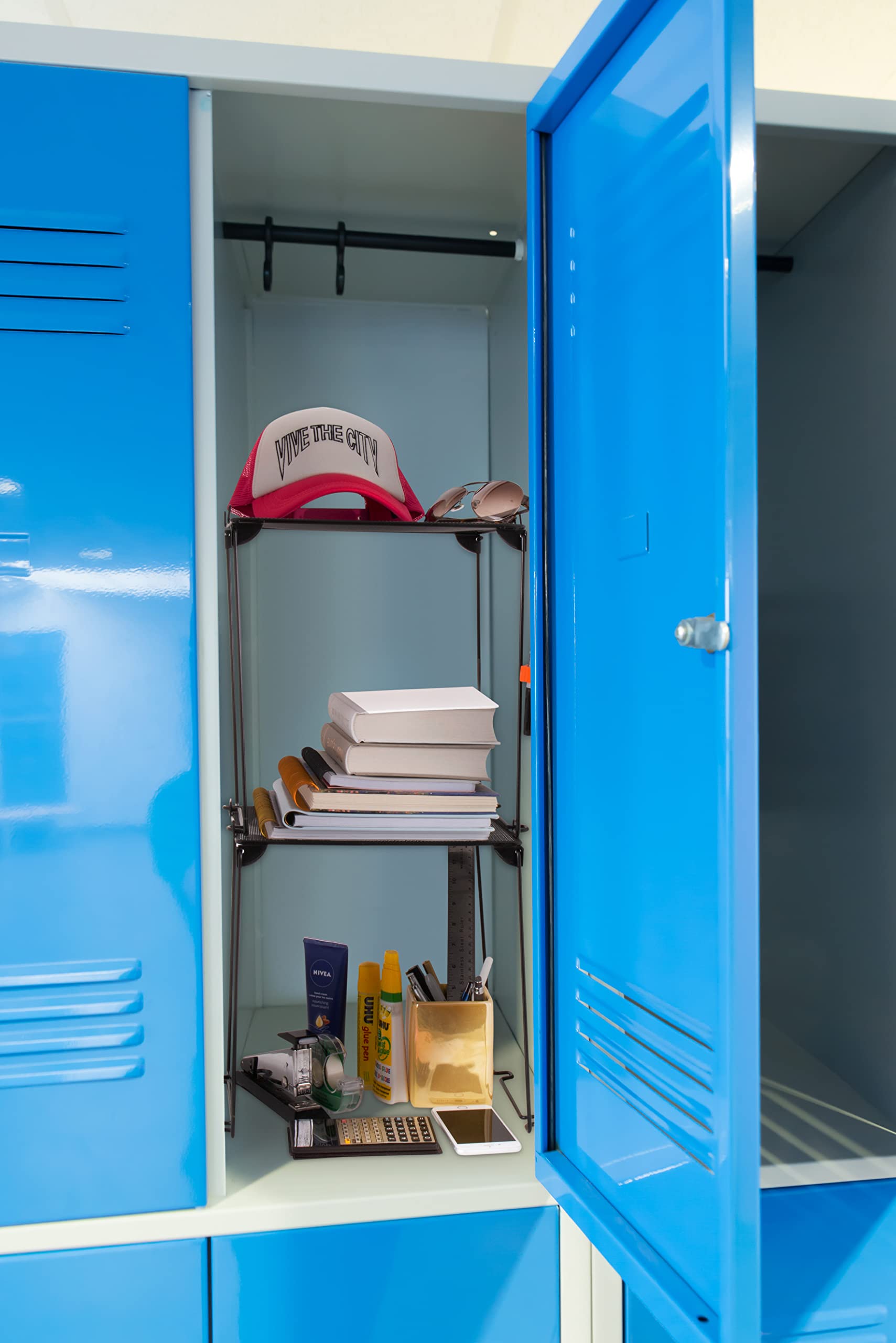 Stackable Locker Shelf, Mesh Locker Shelf, Locker Organizer | Foldable, Extra Tall | Fit Standard Size School, Gym, Work Locker | Ideal for Office Desk, Kitchen Cabinet, Closet, Bathroom | Black, 2 pc