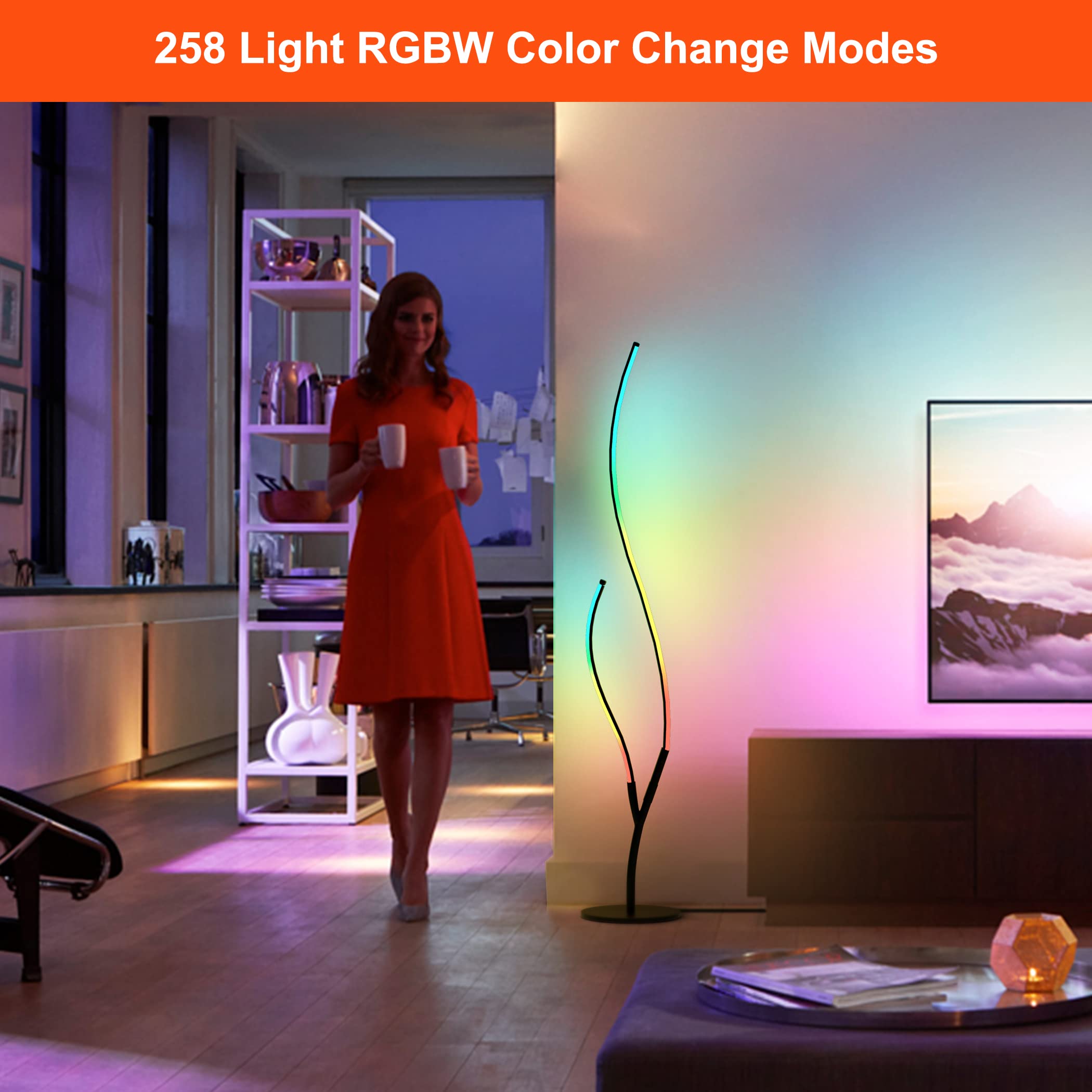 RGBW Modern Spiral Floor Lamp for Bedroom Living Room Office, Dimmable Black Standing Led Reading Floor Lamp with Remote, Unique Cool Ambient Lighting Colorful Changing Minimalist Art Deco Floor Lamp