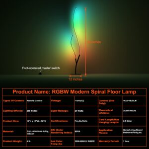 RGBW Modern Spiral Floor Lamp for Bedroom Living Room Office, Dimmable Black Standing Led Reading Floor Lamp with Remote, Unique Cool Ambient Lighting Colorful Changing Minimalist Art Deco Floor Lamp