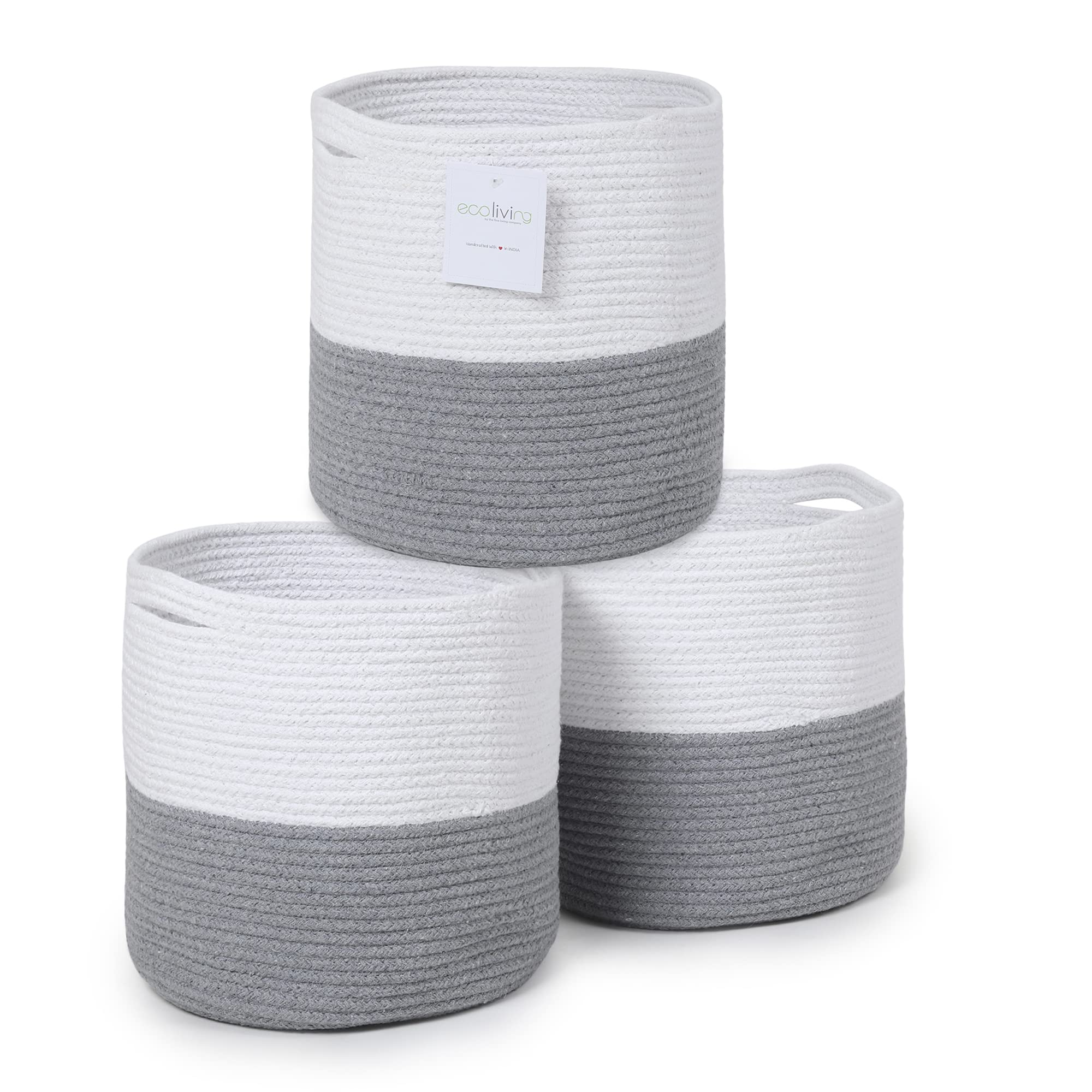 Eco Living Recycled Cotton Rope Storage Cube Basket, Plant Basket Multi-Purpose Woven Cube Storage Organizer/Shelves, Closet Storage Bins, Nursery Kids Room Organizer 11 Inch Set of 3, White & Gray