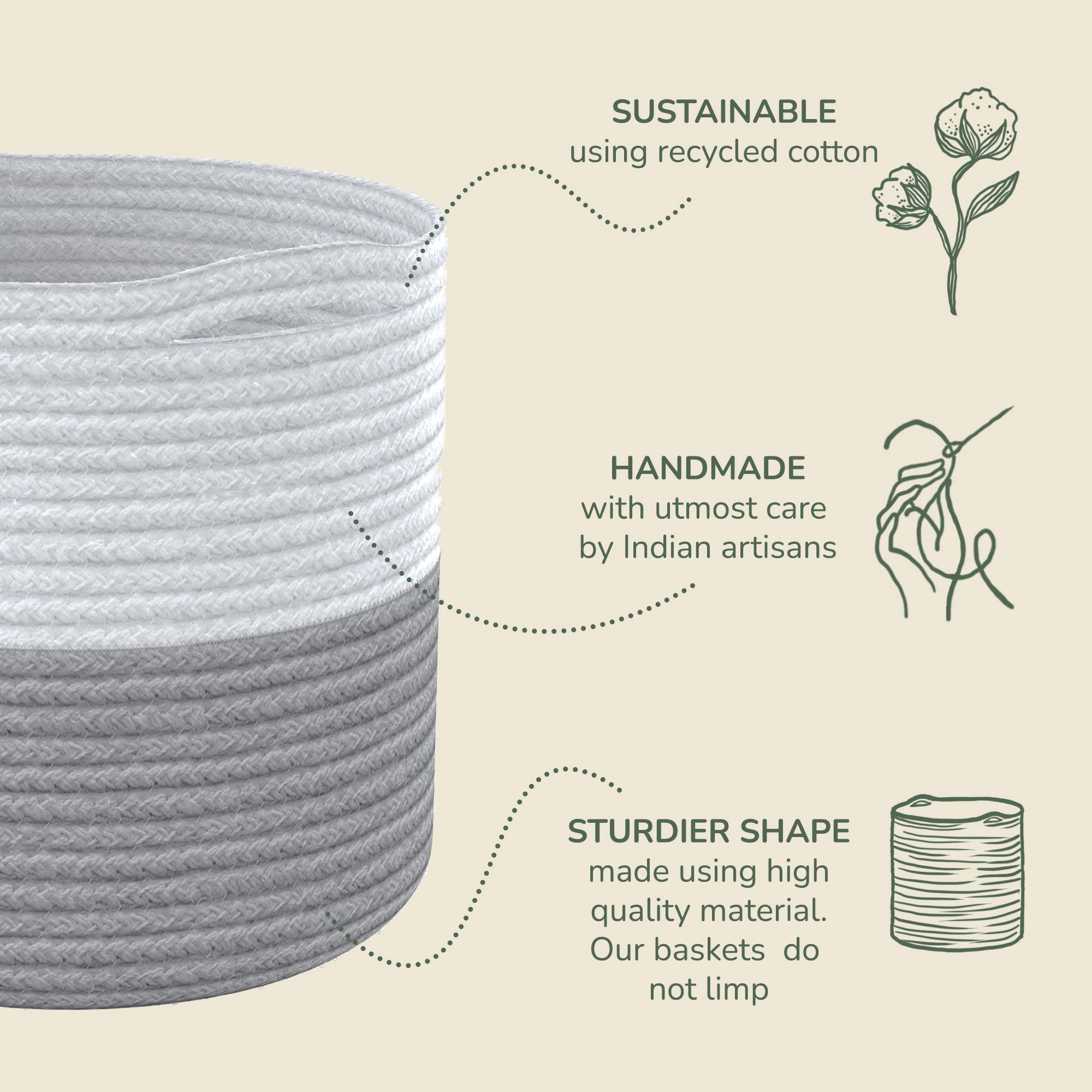 Eco Living Recycled Cotton Rope Storage Cube Basket, Plant Basket Multi-Purpose Woven Cube Storage Organizer/Shelves, Closet Storage Bins, Nursery Kids Room Organizer 11 Inch Set of 3, White & Gray