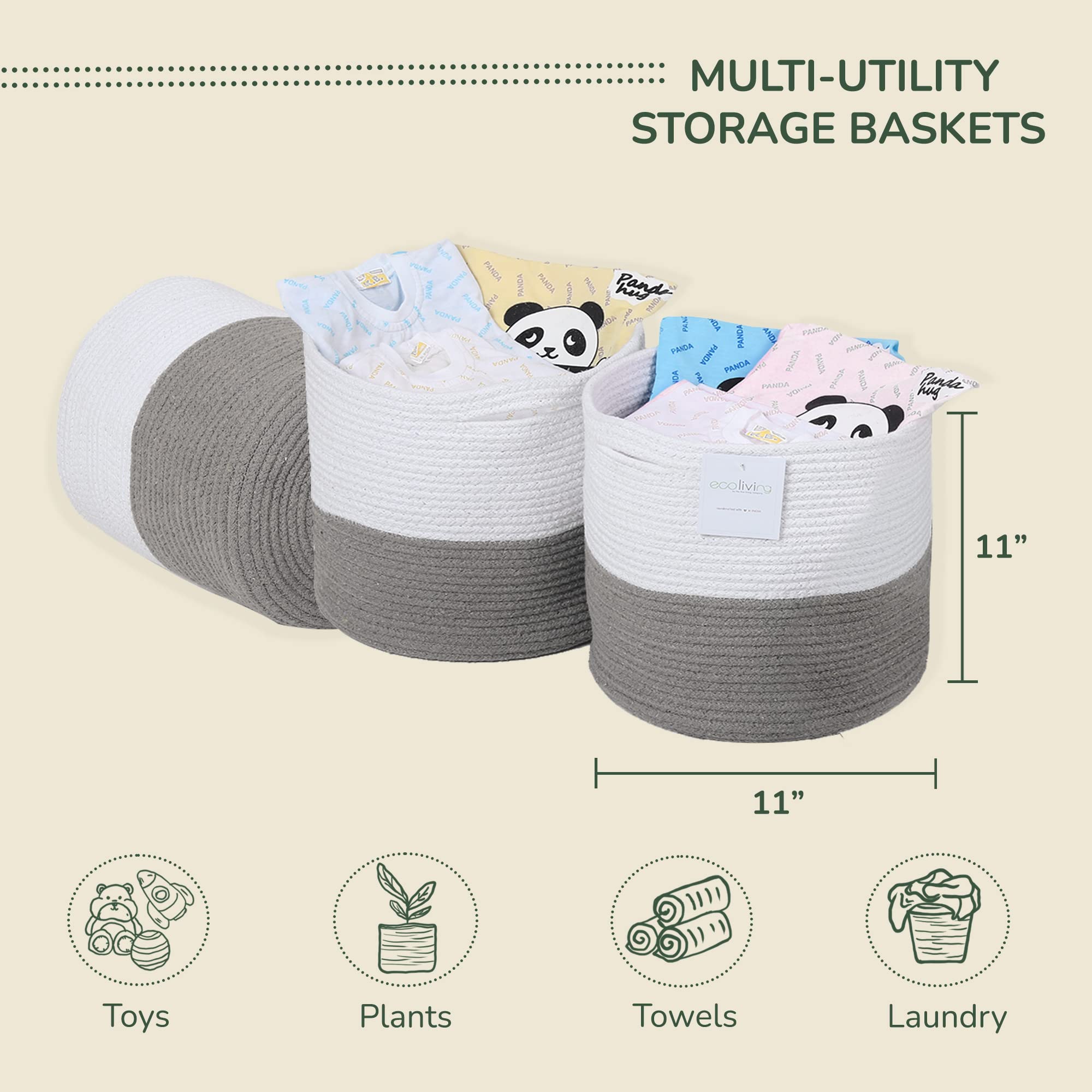 Eco Living Recycled Cotton Rope Storage Cube Basket, Plant Basket Multi-Purpose Woven Cube Storage Organizer/Shelves, Closet Storage Bins, Nursery Kids Room Organizer 11 Inch Set of 3, White & Gray