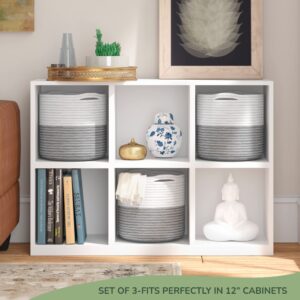 Eco Living Recycled Cotton Rope Storage Cube Basket, Plant Basket Multi-Purpose Woven Cube Storage Organizer/Shelves, Closet Storage Bins, Nursery Kids Room Organizer 11 Inch Set of 3, White & Gray