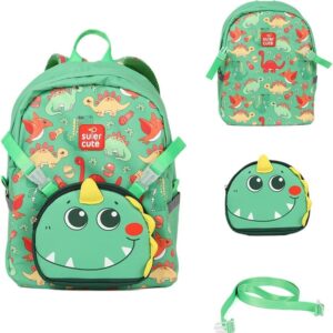 supercute dinosaur toddler backpack, lightweigh kids preschool schoolbag 2 in1 backpack set for boys girls