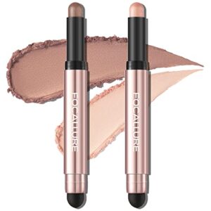 FOCALLURE 2PCS No Crease Eyeshadow Stick,Shimmer and Matte Cream Eyeshadow Pencil Crayon,Long Lasting Waterproof Eye Brightener Stick With Blending Brush,Before Day