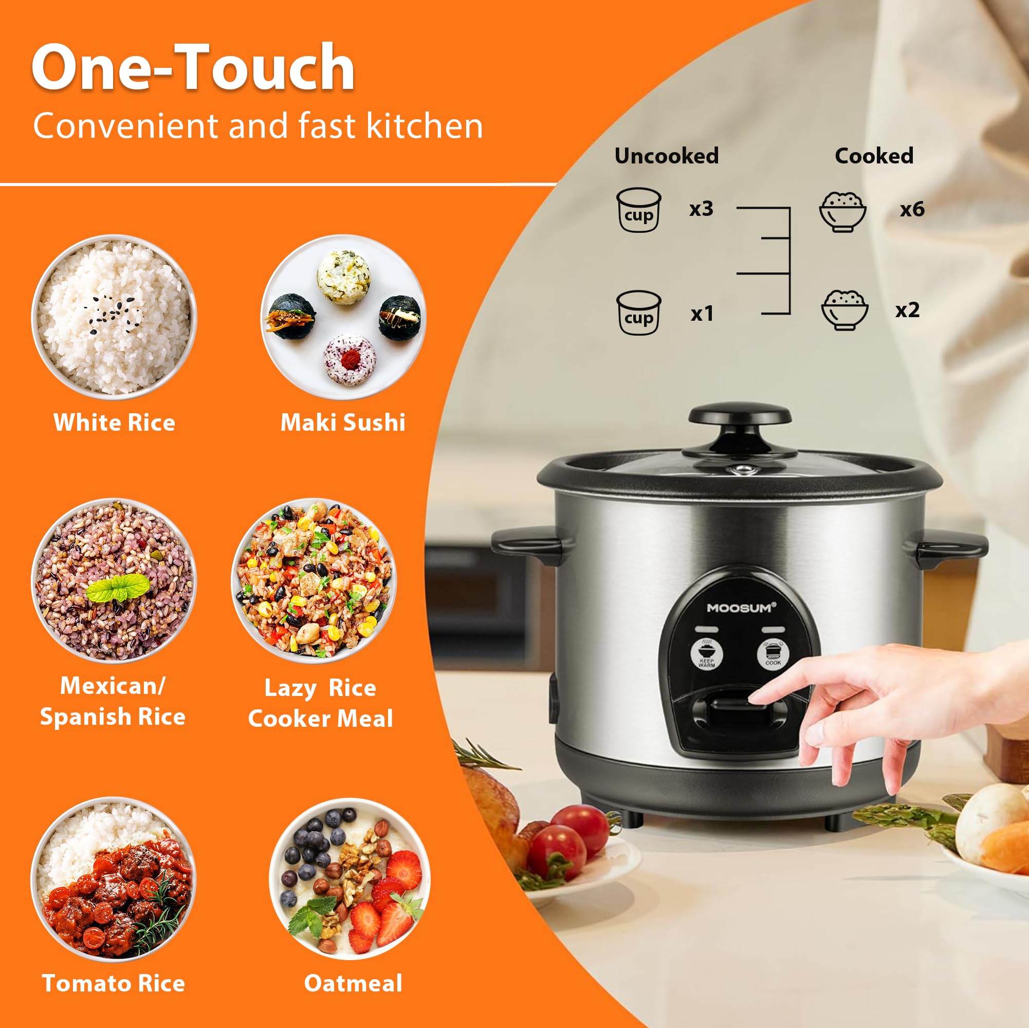 MOOSUM Electric Rice Cooker with One Touch for Asian Japanese Sushi Rice, 3-cup Uncooked/6-cup Cooked, Fast&Convenient Cooker with Ceramic Nonstick inner pot, Stainless Steel Housing and Auto Warmer