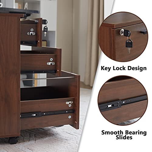 VICLLAX 3 Drawers Locking Mobile File Cabinet, Under Desk Storage Filing Cabinet for Home Office, Brown Walnut