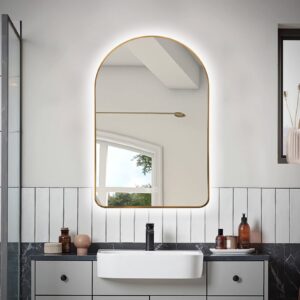 niccy arched led lighted bathroom mirror, 30x20 inch backlit vanity mirror with lights brushed gold framed wall mounted mirrors with dimmable 3 color shatterproof arch smart fog free mirror