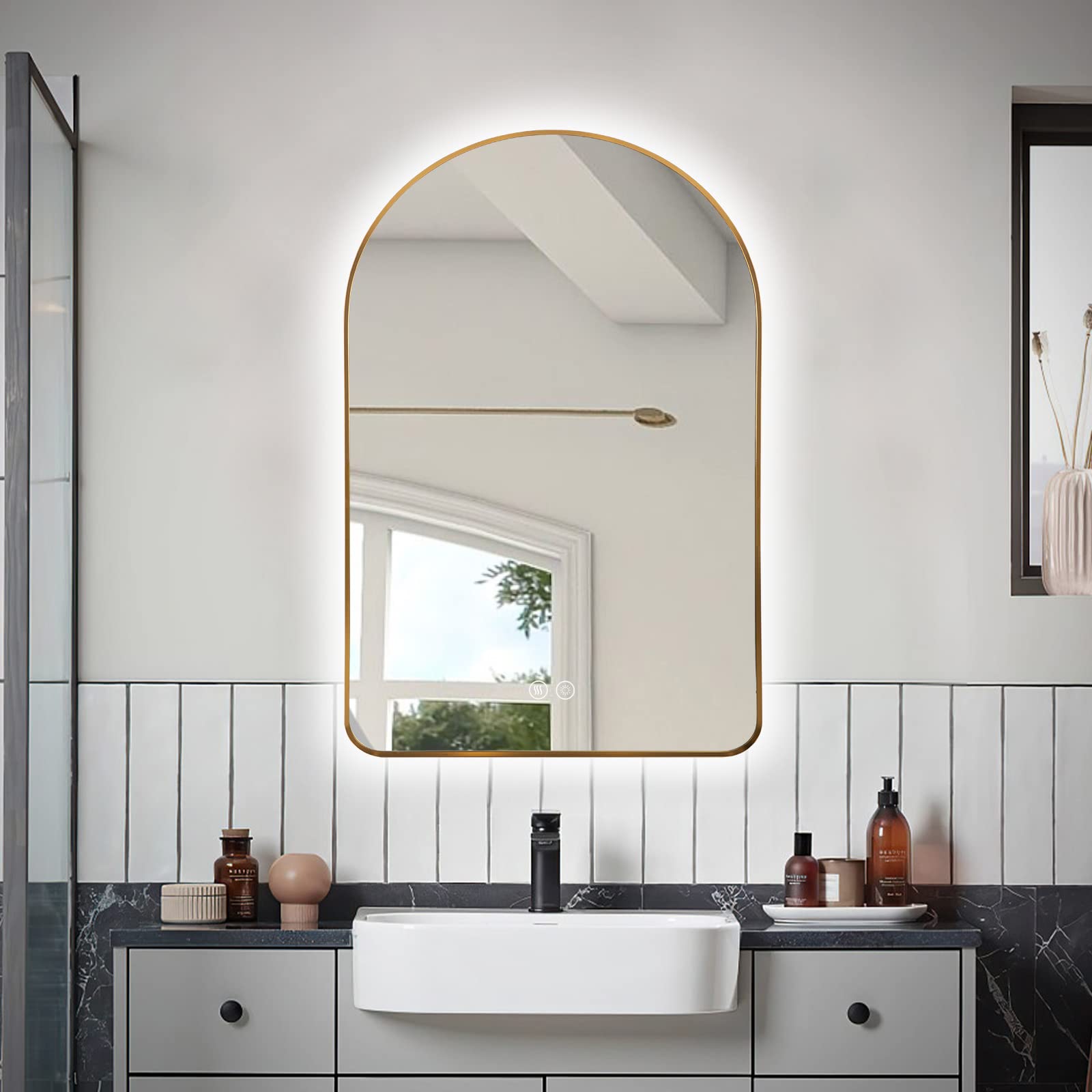 Niccy Arched LED Lighted Bathroom Mirror, 36x24 Inch Backlit Vanity Mirror with Lights Brushed Black Framed Wall Mounted Mirrors with Dimmable 3 Color Shatterproof Arch Smart Fog Free Mirror