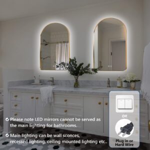 Niccy Arched LED Lighted Bathroom Mirror, 36x24 Inch Backlit Vanity Mirror with Lights Brushed Black Framed Wall Mounted Mirrors with Dimmable 3 Color Shatterproof Arch Smart Fog Free Mirror