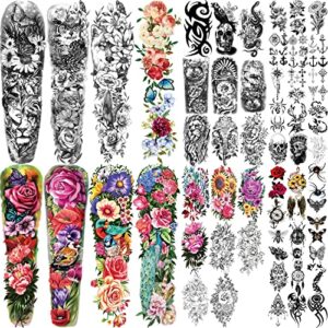 55 sheets temporary tattoo, 8 sheets full arm temporary tattoos, 17 sheets half arm fake tattoos flower butterfly peacock bird lion wolf for women men, 30 sheets tiny tamporary tattoos for adult kids