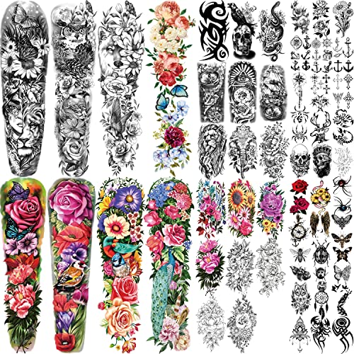 55 Sheets Temporary Tattoo, 8 Sheets Full Arm Temporary Tattoos, 17 Sheets Half Arm Fake Tattoos Flower Butterfly Peacock Bird Lion Wolf for Women Men, 30 Sheets Tiny Tamporary Tattoos for Adult Kids