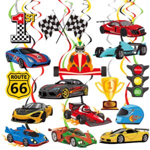 20 pcs race car hanging swirl decorations racing birthday party decorations checkered flags racing swirls ceiling decor for boys let's go racing birthday party supplies