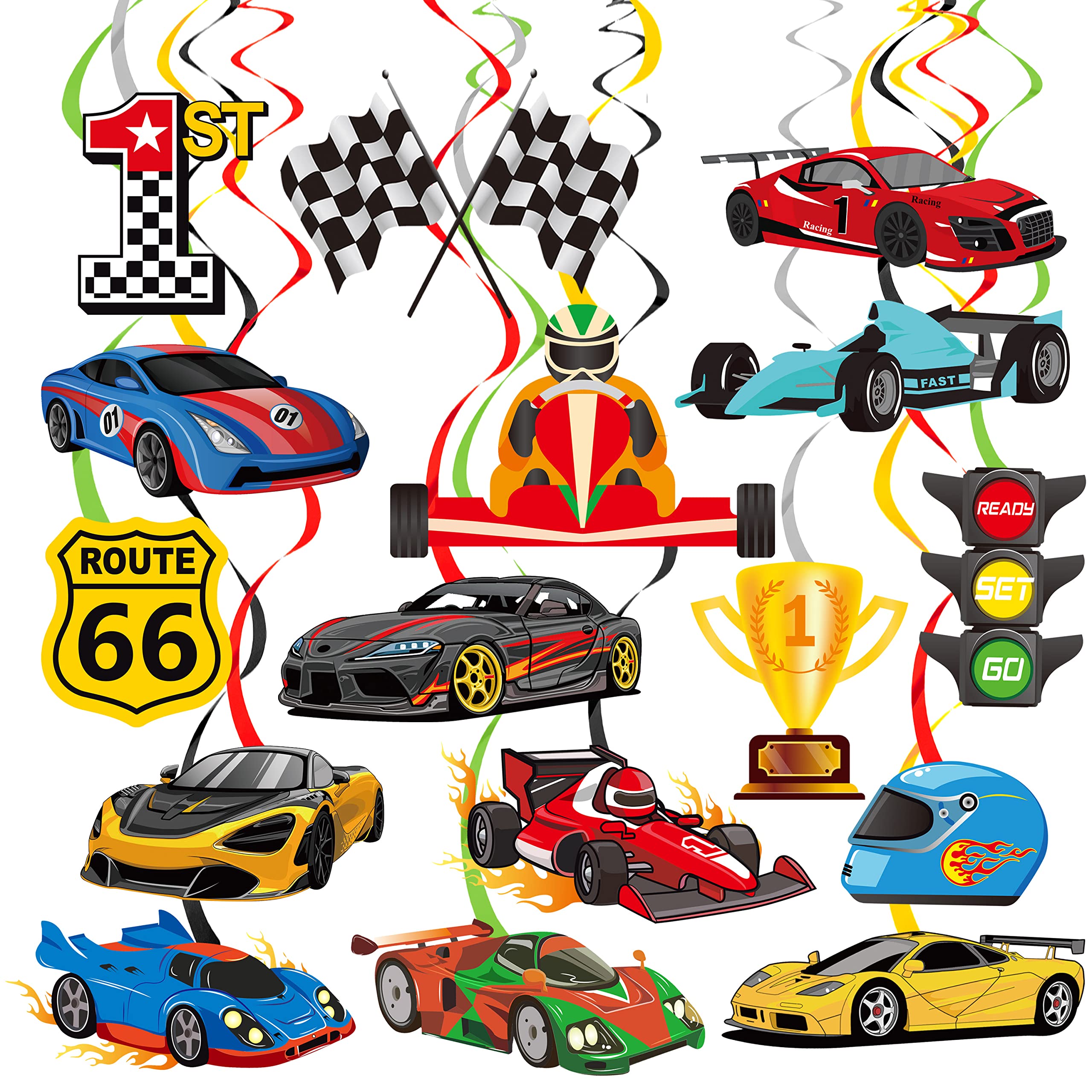 20 Pcs Race Car Hanging Swirl Decorations Racing Birthday Party Decorations Checkered Flags Racing Swirls Ceiling Decor for Boys Let's Go Racing Birthday Party Supplies