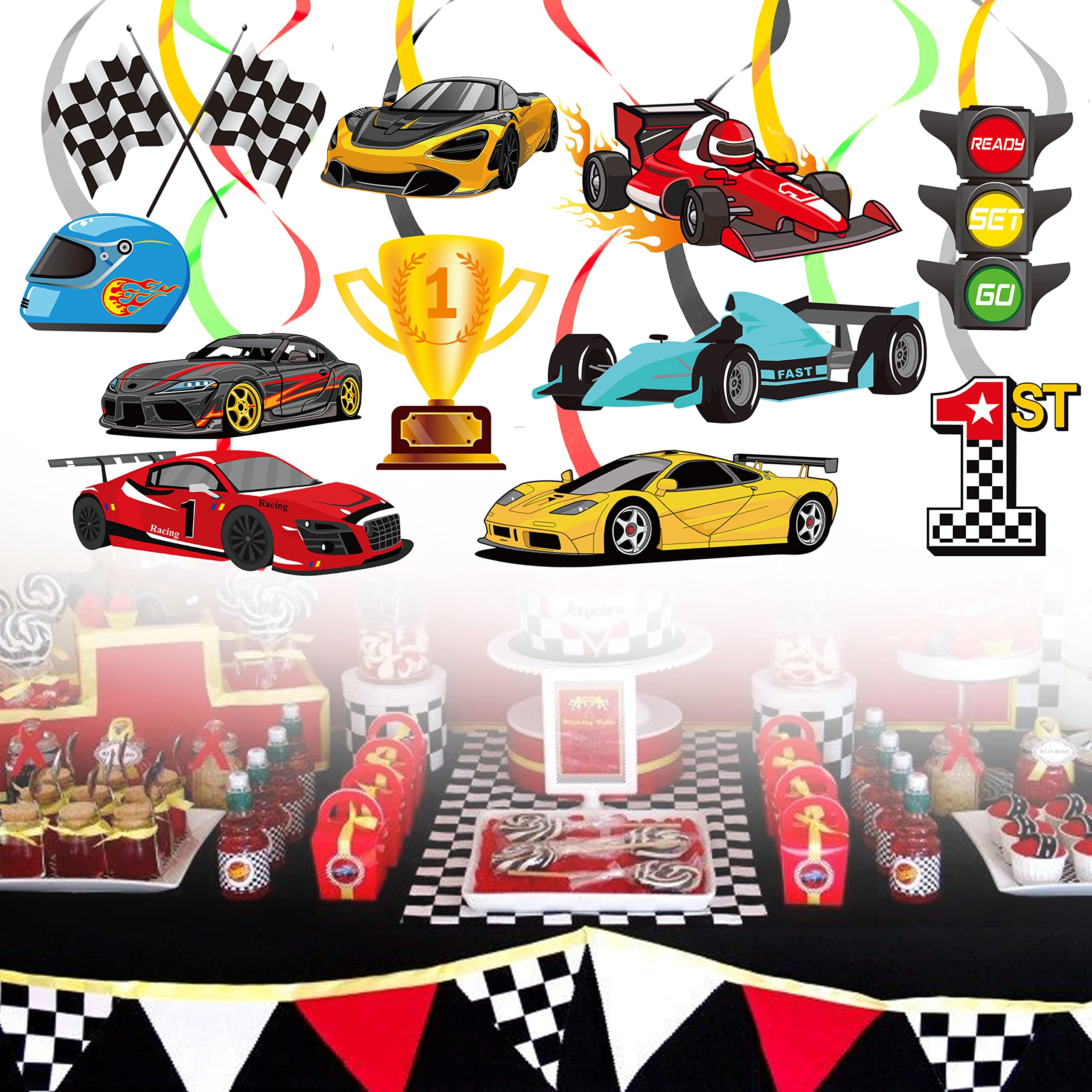 20 Pcs Race Car Hanging Swirl Decorations Racing Birthday Party Decorations Checkered Flags Racing Swirls Ceiling Decor for Boys Let's Go Racing Birthday Party Supplies